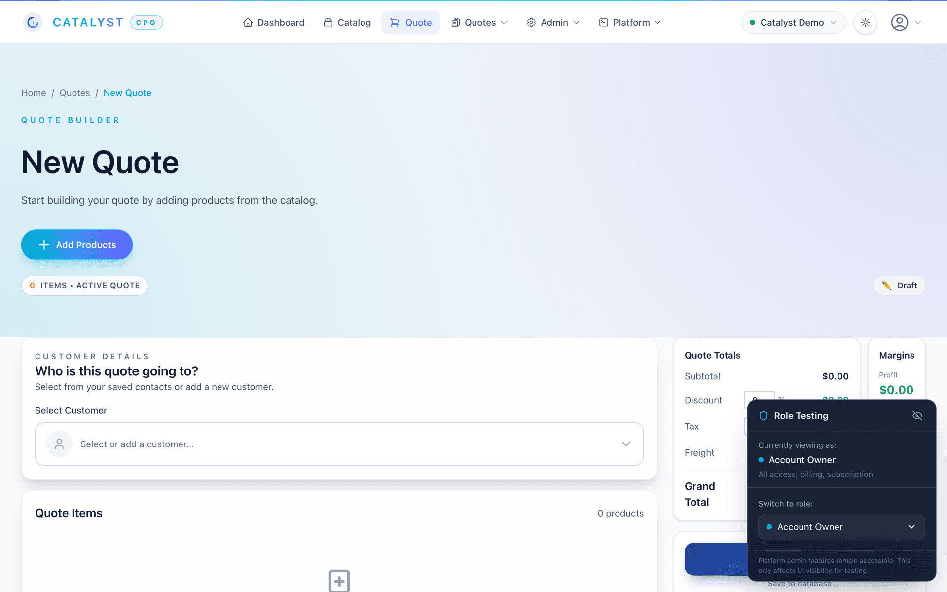 Quote builder with customer selection, quote totals, margins, and role-testing panel