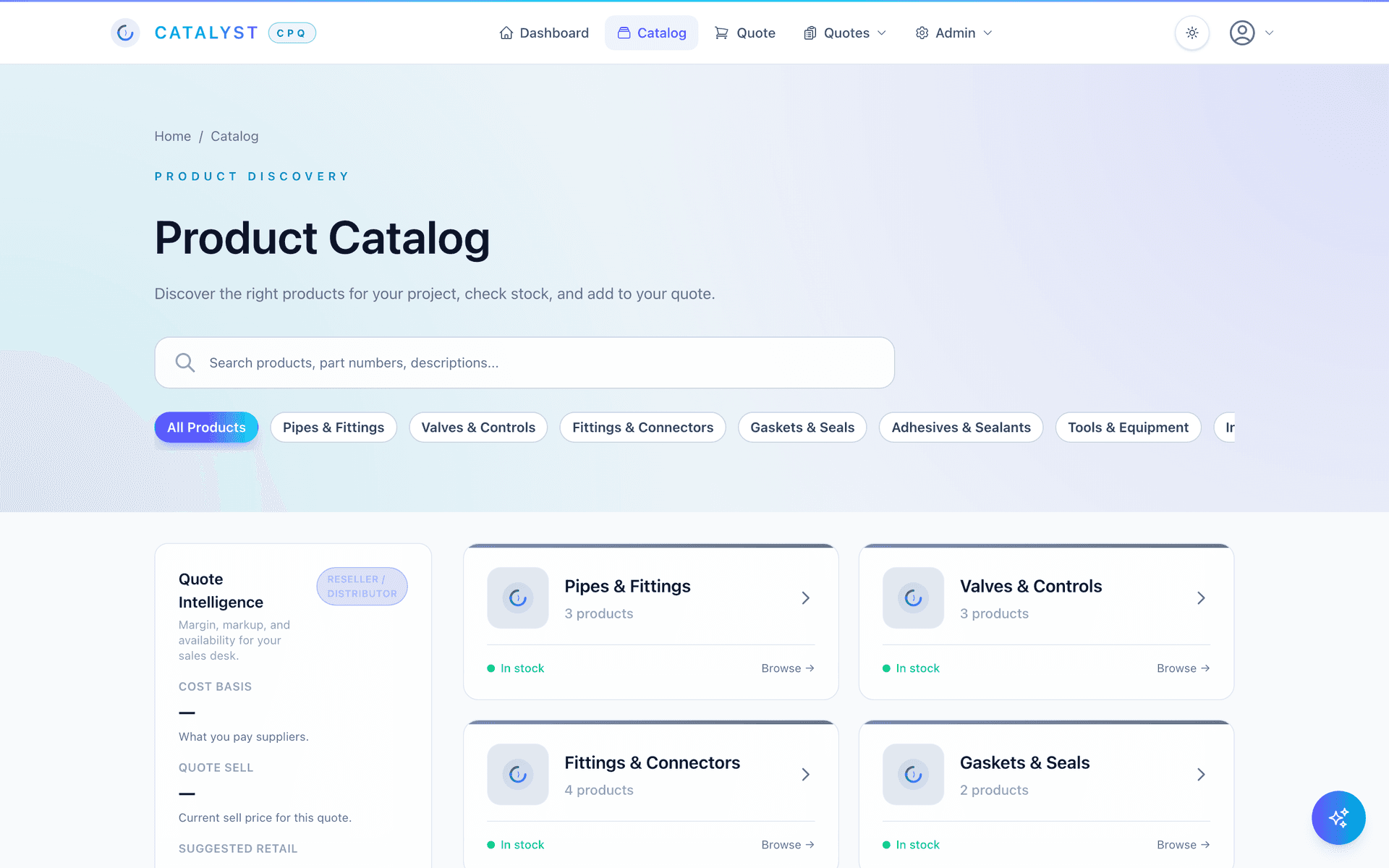 Product catalog with category browsing, search, and quote intelligence sidebar